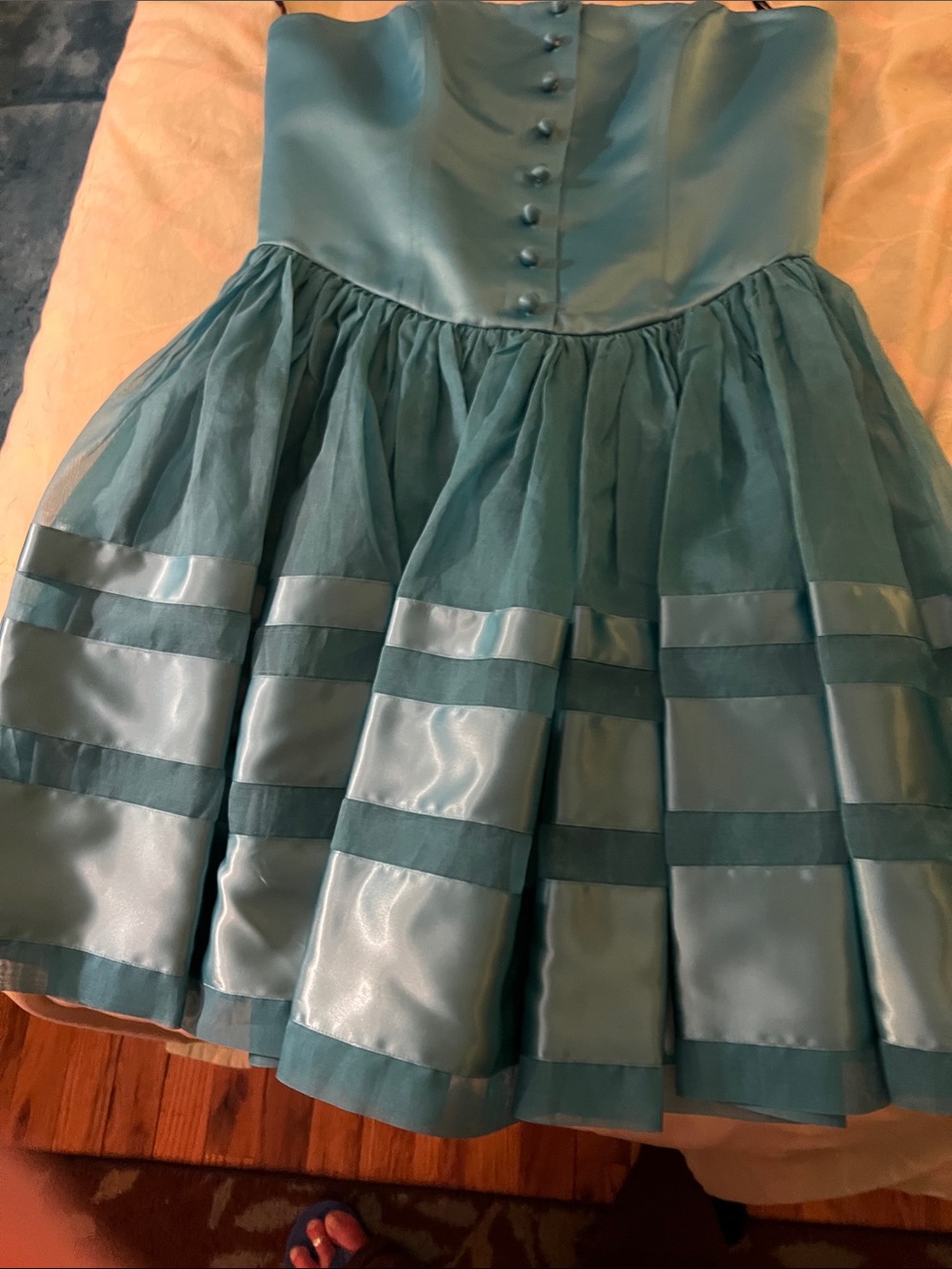 Teal Satin & Tulle Fit-and-Flare Dress Vintage Betsy Johnson strapless